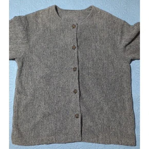 Greenbrand Recycled Cover Up Sweater Unique Brass Bear Buttons Yarn Womens Sz L - Picture 2 of 9